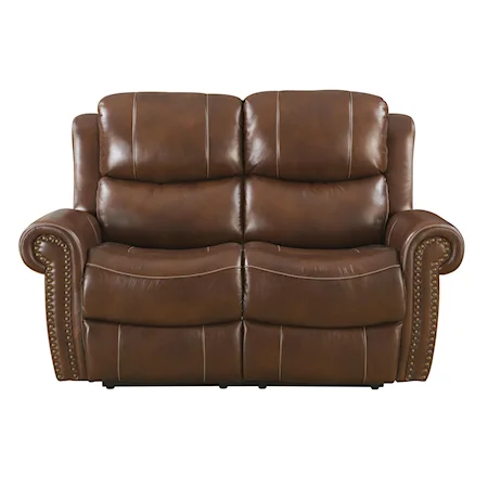 Traditional Power Reclining Love Seat with Rolled Arms and Nailhead Trim